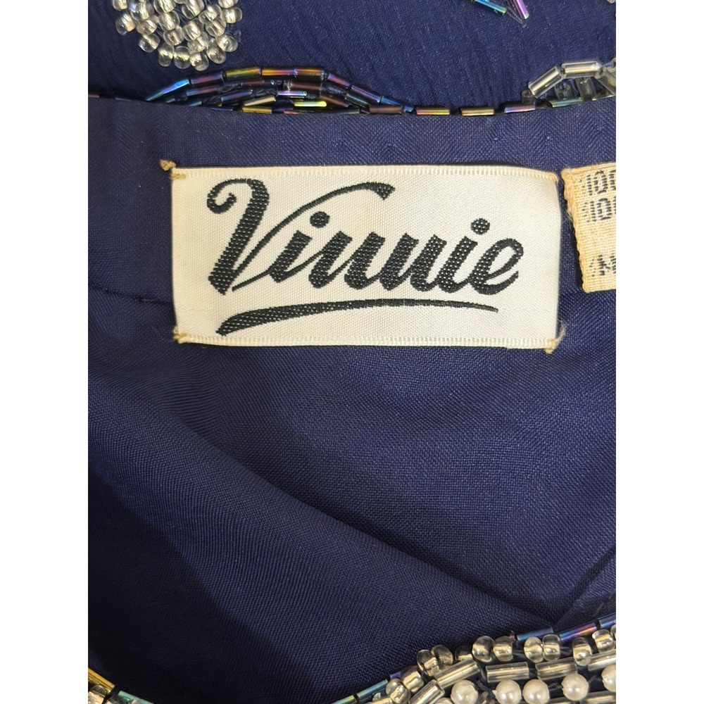 Vinnie Womens Navy Blue Silk Beaded Floral Evening Jacket Duster Size L Vintage - Picture 5 of 7